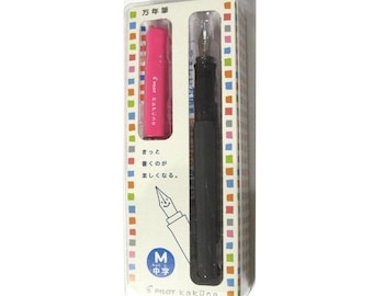Pilot Kakuno Fountain Pen, Medium Nib; Japanese Import; Authentic Pilot Kakuno Fountain Pen; Black - Gray Body, Pink Cap