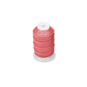 May include: A spool of pink thread wound on a white plastic bobbin.