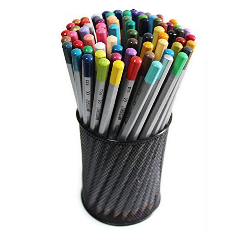 May include: A collection of colored pencils in a black metal mesh pencil holder. The pencils have gray bodies and are capped with various colors, including red, blue, green, and yellow. The pencil holder has a spiral design.