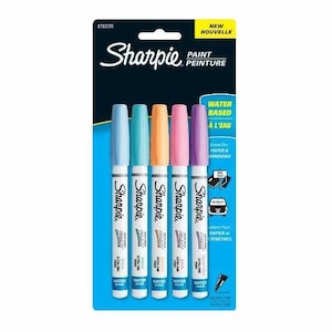 May include: A pack of five Sharpie Paint Markers in assorted colours: blue, light blue, orange, pink, and lavender. The markers are water-based and extra fine point. The packaging says "Great for paper & windows".