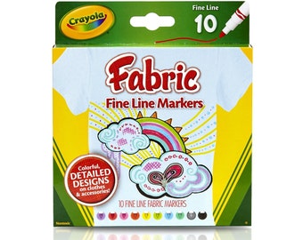 Fine Line Fabric Markers, Crayola, 10 Colored Fabric Markers; Red, Pink, Yellow, Lime, Lavender Blue, Teal, Brown, White, Gray and Black