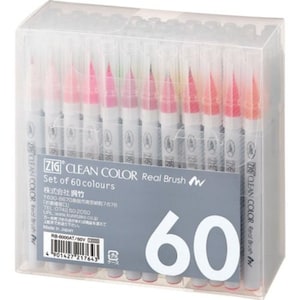 60 Kuretake ZIG Fude Clean Color Real Brush Pens; 60 Watercolor Brush Pens Markers Set, Artist Watercolor Marker Set with Real Brush Tip