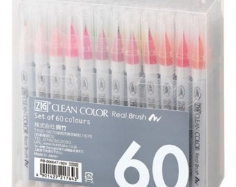 Juego de 60 rotuladores Kuretake ZIG Fude Clean Color con punta de pincel real; juego de 60 rotuladores de acuarela con punta de pincel real.
