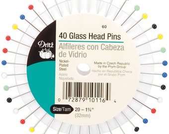 40 Straight Pins, 1 1/4 inch, 32mm, Multicolored Glass Head Pins; Extra Fine, Delicate; Crafts, Decorating, Sewing, Embroidery, Dressmaking