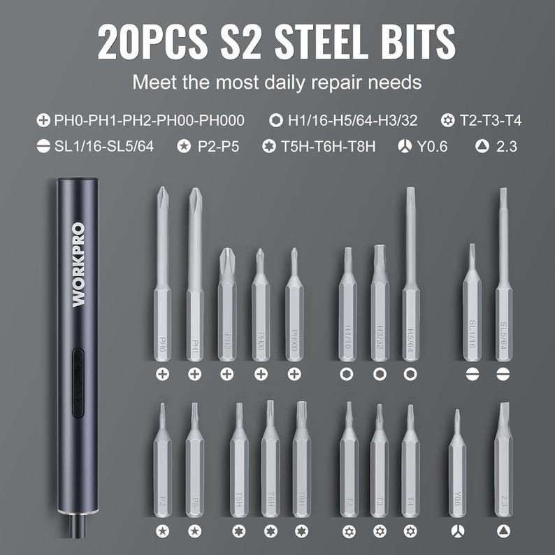 Mini Electric Precision Magnetized Screwdriver Set; S2 Steel Bits, Led Lights, Cordless; WorkPro