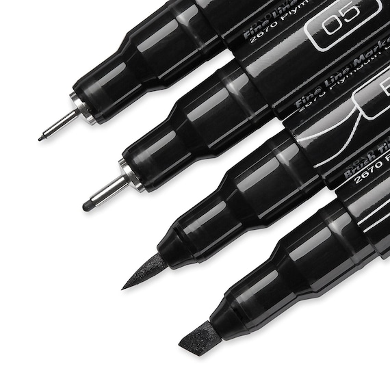 4 Prismacolor Premier Black Color Pens Markers Fine Tips 005, 05, Brush Tip  & Chisel Tip. Drawing, Blending, Shading, Rendering 