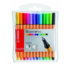 Stabilo 88 Never Bleed or Smear Calligraphy Fine Tip 12 Mini Markers; 0.4mm, Tip, Point; 12 Color Pens; Writing, Drawing, Manga; Wallet Set