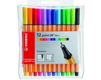Marcadores Stabilo 88 de punta fina para caligrafía, 12 mini rotuladores de 0,4 mm, punta fina, 12 colores, para escribir, dibujar y manga, estuche tipo cartera.