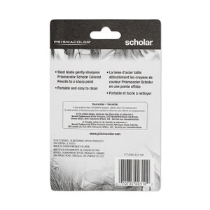 May include: A Prismacolor Scholar colored pencil sharpener with a steel blade. The sharpener is black and white with the Prismacolor and Scholar logos. The back of the sharpener has instructions for use and a guarantee.