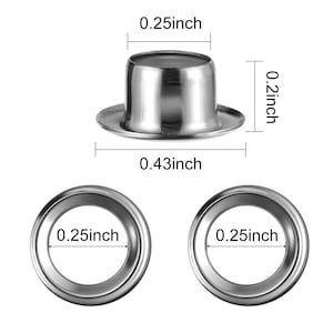 May include: Silver metal eyelets with a 0.25 inch inner diameter and a 0.43 inch outer diameter. The eyelets are shown with a measurement guide.