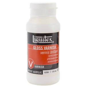 May include: A white plastic bottle of Liquitex Gloss Varnish, a clear acrylic varnish for artists. The bottle is labeled with the product name, "Gloss Varnish", and the words "vernis brillant", "barniz brillante", "glänzender firnis", and "vernice brillante". The bottle also has the Liquitex logo and the words "Artist Acrylic" and "6204 | 118 ml e".