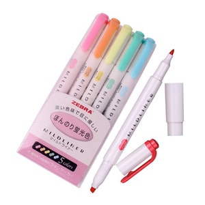 Zebra Mildliner Highlighter, Double Sided, 5 Colors; Japanese Import; Kawaii Zebra Pastel Highlighter Mildliner, Marker, Pens