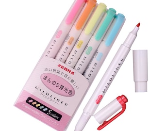 Zebra Mildliner Highlighter, Double Sided, 5 Colors; Japanese Import; Kawaii Zebra Pastel Highlighter Mildliner, Marker, Pens