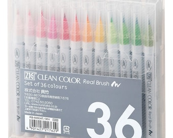 Juego de 36 rotuladores Kuretake ZIG Fude Clean Color con punta de pincel real; juego de 36 rotuladores de acuarela con punta de pincel real.