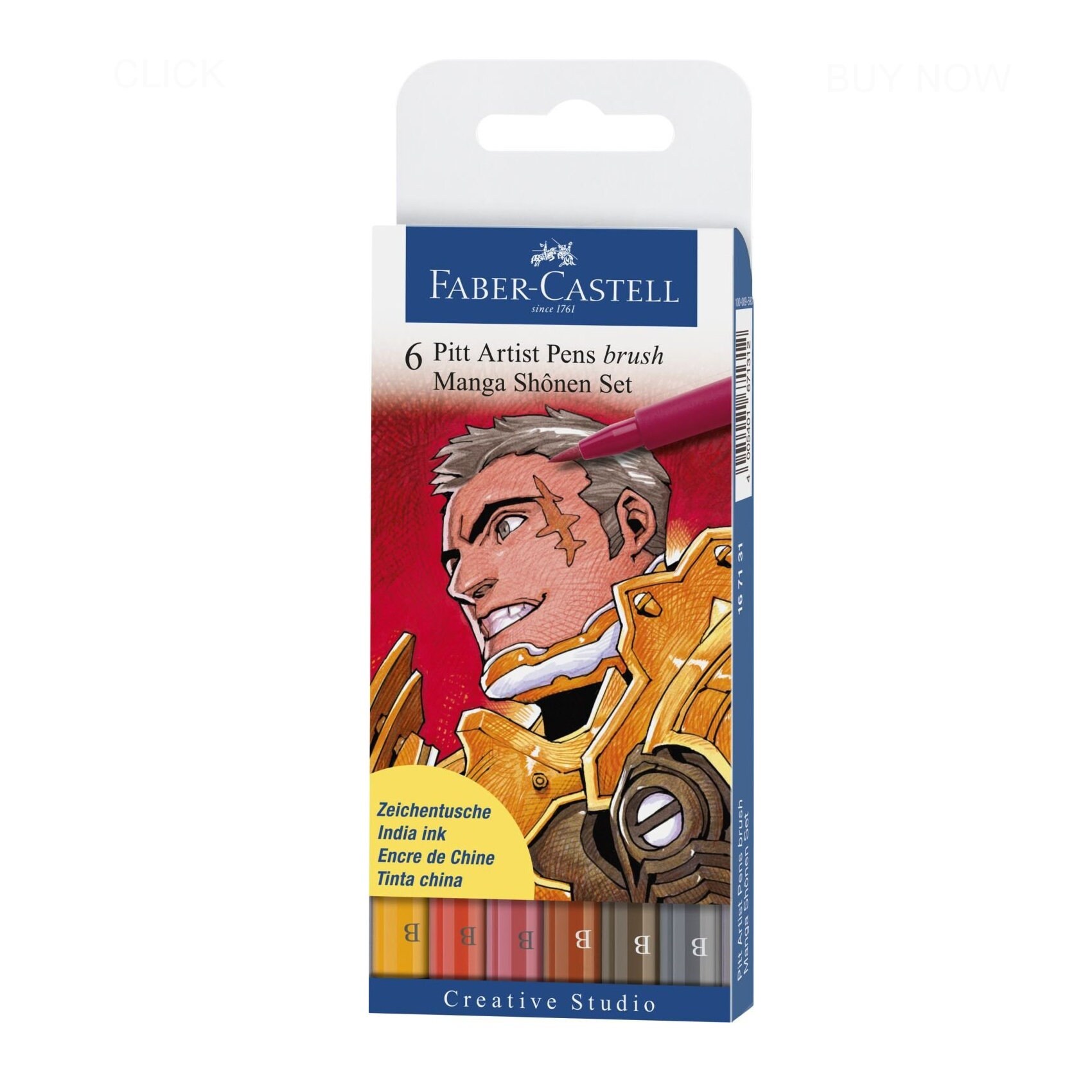 Manga Shonen Faber-Castell PITT Artist Brush Studio Pens, 6 Set; Pigmented India Ink; Pro Art, Drawing, Adult Book Coloring Set
