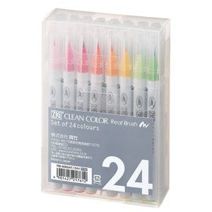 24 Kuretake ZIG Fude Clean Color Real Brush Pens; 24 Watercolor Brush Pens Markers Set, Artist Watercolor Marker Set with Real Brush Tip