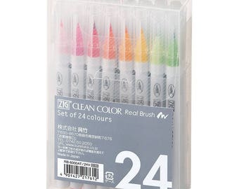Juego de 24 rotuladores Kuretake ZIG Fude Clean Color con punta de pincel real; juego de 24 rotuladores de acuarela con punta de pincel real.