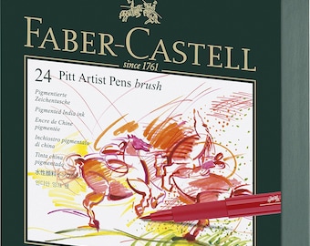 24 Faber-Castell PITT Artist Brush Studio Pens, Markers; Pigmented India Ink; Pro Art, Drawing, Adult Book Coloring Set