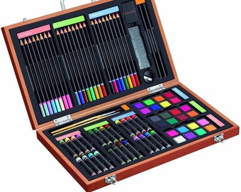 Art Set, 82 Piece, Wooden Case; Color Pencils, Oil Pastels, Watercolor Cakes, Paint Brushes, and More; Deluxe Art Set