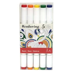 5 Dual Tip Book Coloring, Bible Journaling, Lettering Markers; Fine & Large/Brush Nibs; Art, Illustrations, Manga Markers; Basic Colors