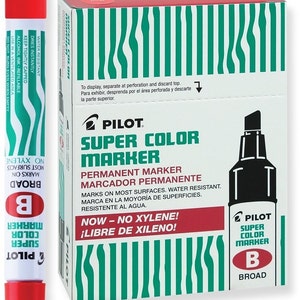 12 Red Pilot Super Color Markers; Pilot Wide Broad Chisel Point Permanent Markers; Waterproof Ink, Xylene-Free