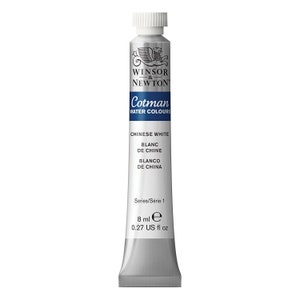 Puede incluir: Un tubo plateado de acuarelas Winsor & Newton Cotman en color Blanco de China. El tubo está etiquetado con el nombre del color en inglés, francés y español. El tubo contiene 8 mililitros de pintura.