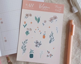 Bloom and Grow Floral Sticker Sheet Set, Hand-Drawn Planner Stickers