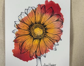 Sunflower Botanical Art Print, Small Print, Handmade, Watercolor, Handdrawn, Flower