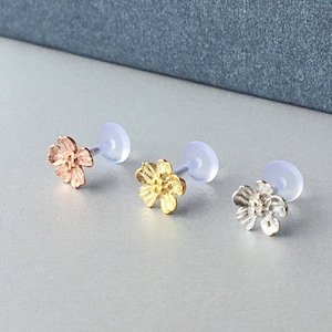 Sakura Flower Tragus Earring Stud Silver Sakura Helix Earring Flat Back Cartilage Earring Stud Flower Conch Piercing  Bioplast Bioflex 16G