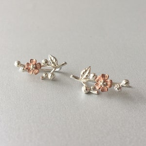 Silver Cherry Blossom Twig Ear Climber Earrings Flower ear climber Sakura earrings Rose gold ear climber Flower ear crawlers Twig Earrings