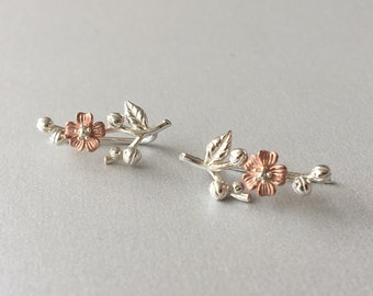 Silver Cherry Blossom Twig Ear Climber Earrings Flower ear climber Sakura earrings Rose gold ear climber Flower ear crawlers Twig Earrings