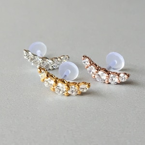 16G Crescent Moon Helix Earring Minimalist CZ Gebogen Kraakbeen Stud Zilver Conch Piercing Sieraden Push-in Pin Platte Achterkant Bioflex Labret Post