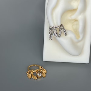 16G Dangled Feathers Conch Earring 10mm Silver Indian Conch Hoop Ring CZ Diamond Charm Conch Piercing Jewelry Bohemian Gold Twist Conch Hoop