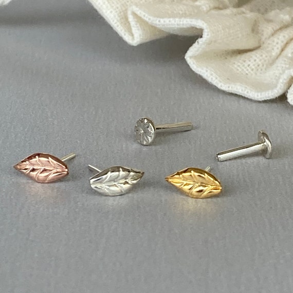 Minimal Silver Olive Leaf Helix Earring - 18g/16g Threadless Sterling Silver Push in Pin Flat Back Post for Tragus Cartilage