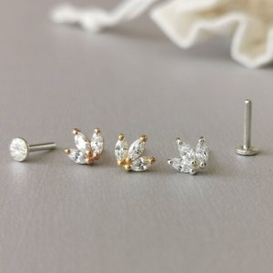 Lotus Threadless Earring Triple Marquise CZ Diamond Tiara Helix Earring 18g/16g Threadless Silver Flat Back Post for Tragus Cartilage Conch image 3
