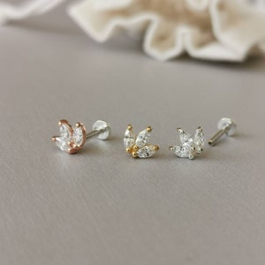 Lotus Threadless Earring Triple Marquise CZ Diamond Tiara Helix Earring 18g/16g Threadless Silver Flat Back Post for Tragus Cartilage Conch image 1