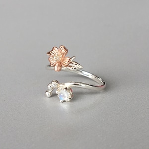 Rose Gold Cherry Blossom and Rainbow Moonstone Ring June Birthstone Ring Adjustable 925 Silver Ring Open Ring Engagement Ring Promise Ring
