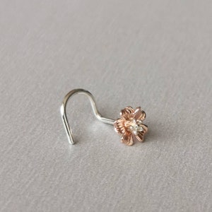 Cherry Blossom Nose Stud Nose Screw - 20g 925 Sterling Silver Corkscrew Stud Post for Left/Right Nostril Nose Piercing Jewelry