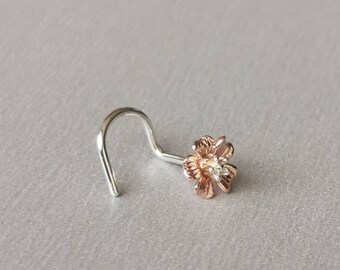 20G Cherry Blossom Nose Stud Small Rose Gold Flower Nose Screw Silver Nostril Corkscrew Nose Piercing Jewelry L Shaped Left Right Pin