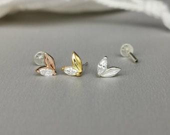 Marquise CZ Diamond and Olive Leaf Helix Earring - 18g/16g Threadless Sterling Silver Push in Pin Flat Back Post for Tragus Cartilage Conch