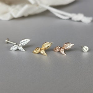 Orecchino a elica con foglie d'argento - 18g/16g in argento sterling senza fili, perno a pressione, parte posteriore piatta, per piercing alla cartilagine, conca e lobo