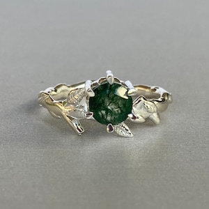 Silver Genuine Green Moss Agate Ring Silver Vine Leaf Engagement Ring - Size 7 US - 925 Sterling Silver Twig Ring Woman Wedding Ring