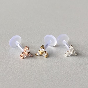 16G Trinity CZ Tragus Stud Minimalist Silver Helix Earring Small Cartilage Piercing Conch Jewelry Push in Pin Flat Back Bioflex Labret Post