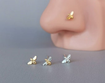 Silver/Gold Mini Bee Nose Stud Nose Screw - 20g 925 Sterling Silver Corkscrew Stud Post for Left/Right Nostril Nose Piercing Jewelry