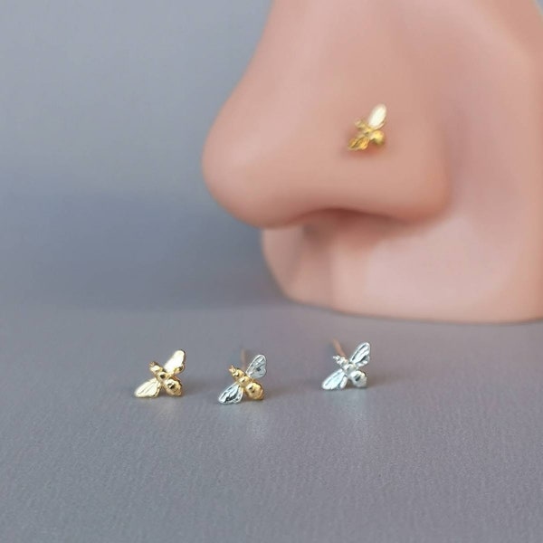 Silver/Gold Mini Bee Nose Stud Nose Screw - 20g 925 Sterling Silver Corkscrew Stud Post for Left/Right Nostril Nose Piercing Jewelry