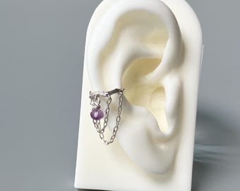 16G Double Chain Conch Hoop Earring 10mm Dangled Drop Amethyst Conch Ring Linking Chained Conch Piercing Jewelry February Birthstone Gift