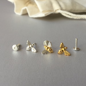 Dainty Bee Threadless Helix Earring Insect Tragus Piercing Stud Threadless Sterling Silver Flat Back Post for Cartilage Conch Lobe Piercing