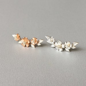 Triple Cherry Blossom Flower and Leaves Helix Earring Rose Gold Flower Cartilage  Earring Helix Piercing Wedding Earrings