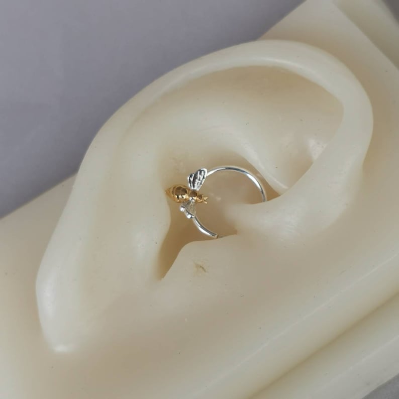 Tiny Bee Daith Piercing Septum Ring Piercing Sterling Silver Bee Hoop Piercing 18 G