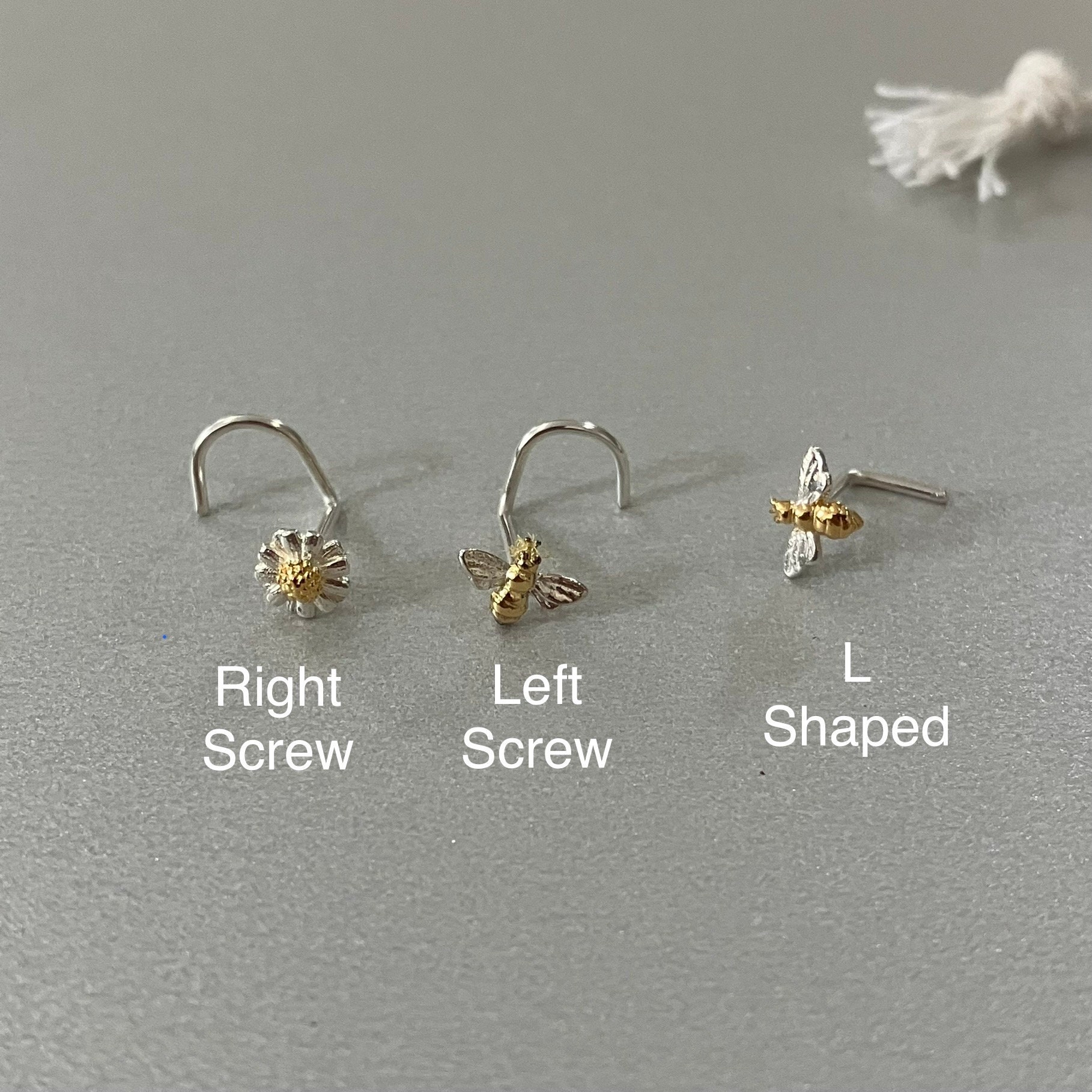 Silver gold Mini Bee Nose Stud Nose Screw 20g 925 Sterling Silver